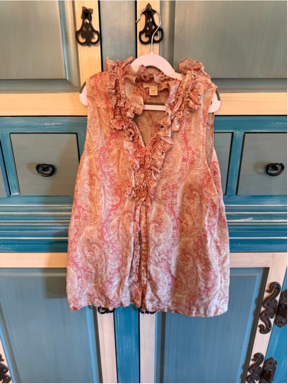 Women's J.Crew Pink Beige Paisley Ruffle Blouse Size 8